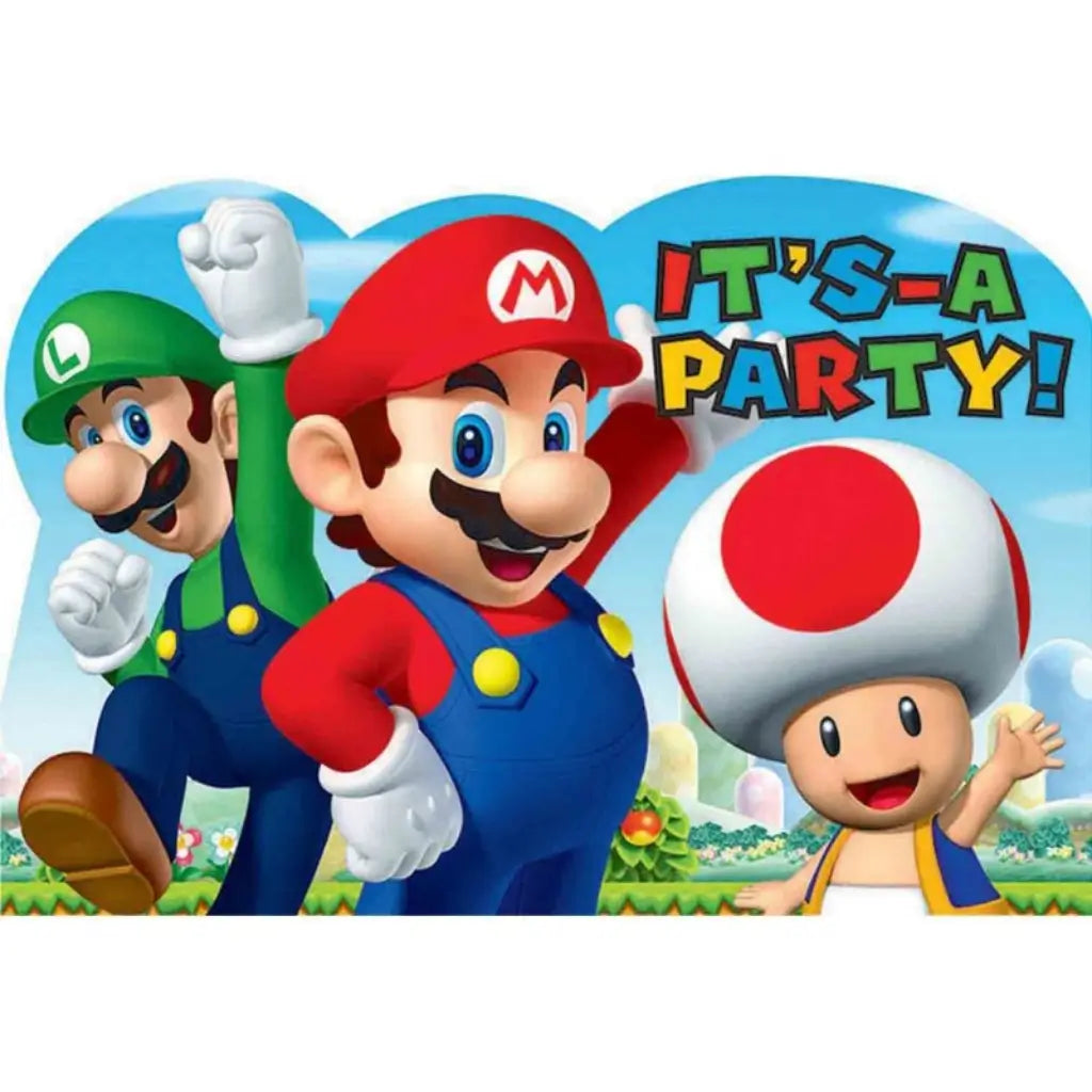 Super Mario Bros postcard party invitations featuring Mario, Luigi and Toad with It's-a Party artwork, including 8 invitations, 8 envelope seals and 8 Save the Date stickers for Nintendo birthday parties.