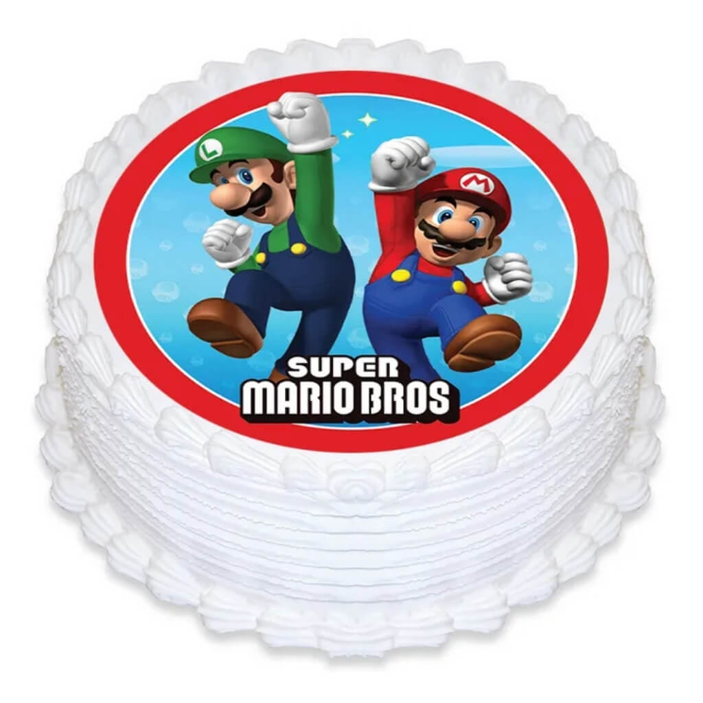 Super Mario Bros round edible cake image featuring Mario and Luigi for birthday cakes.