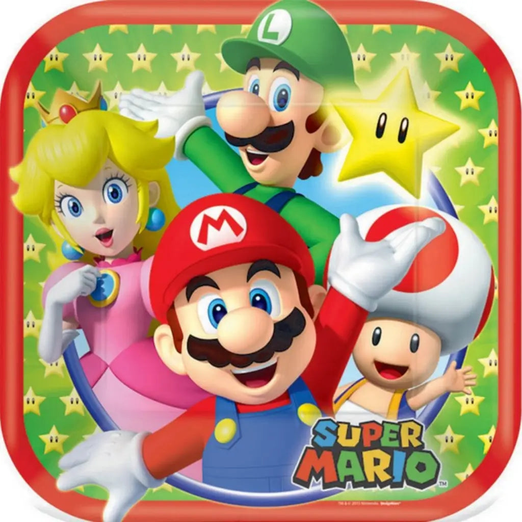 Super Mario Bros 17cm square paper plates featuring Mario, Luigi, Princess Peach and Toad, pack of 8 disposable party plates for Nintendo gaming birthday parties.