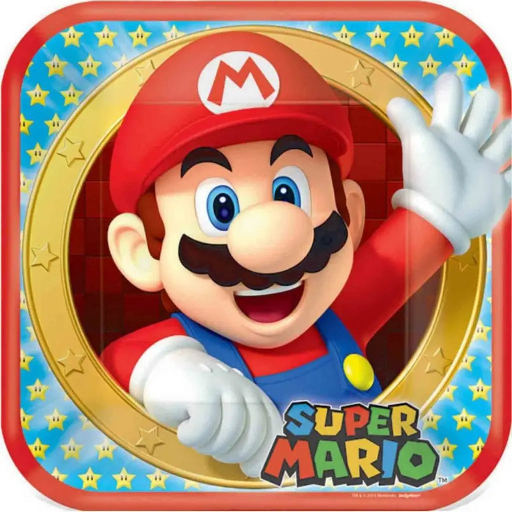 Super Mario Bros 23cm square paper plates featuring Mario in a colourful Nintendo design, pack of 8 disposable party plates for gaming-themed birthday parties.
