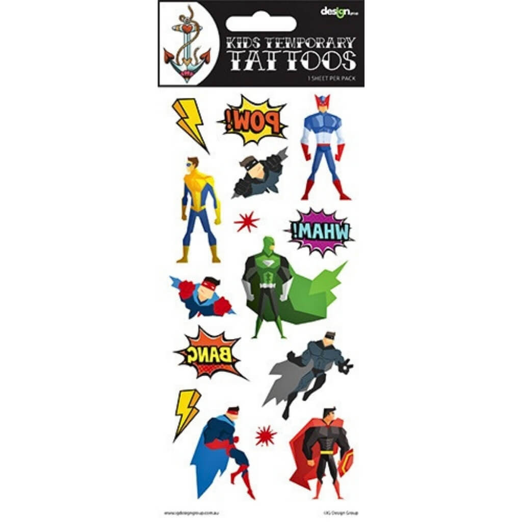 Superhero kids temporary tattoos sheet with comic book heroes