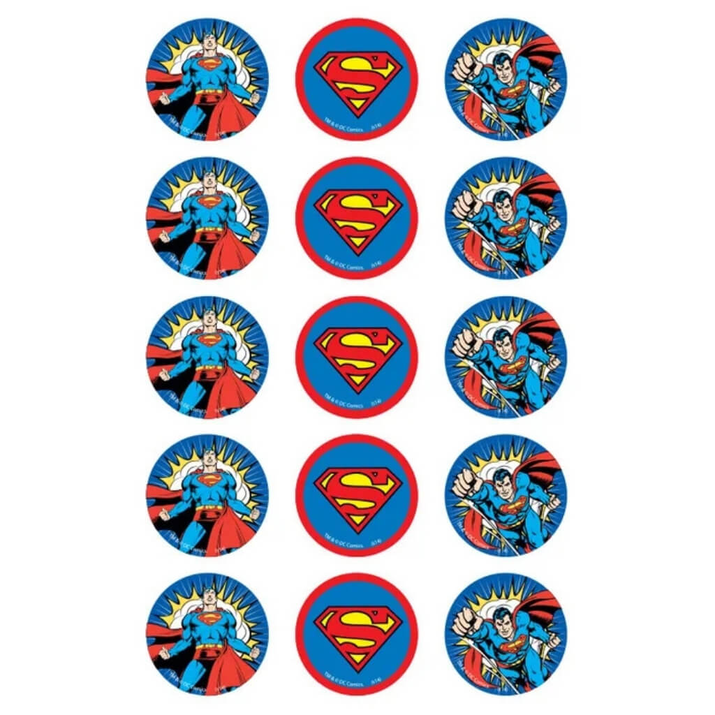 Superman edible cupcake toppers with 15 pre-cut 5cm icing images.