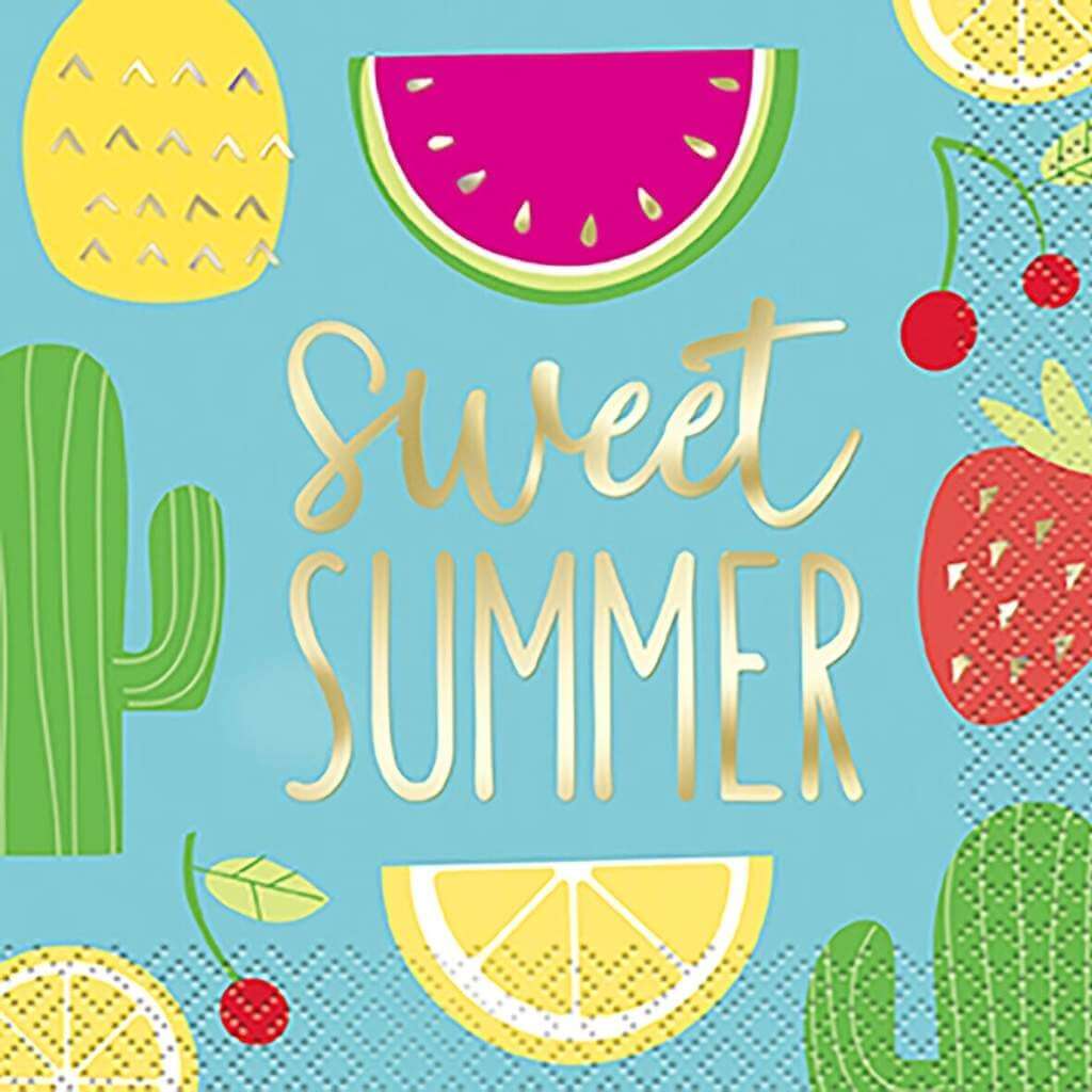 Festive paper napkin with 'Sweet Summer' text, summer fruits, and cacti on a blue background.