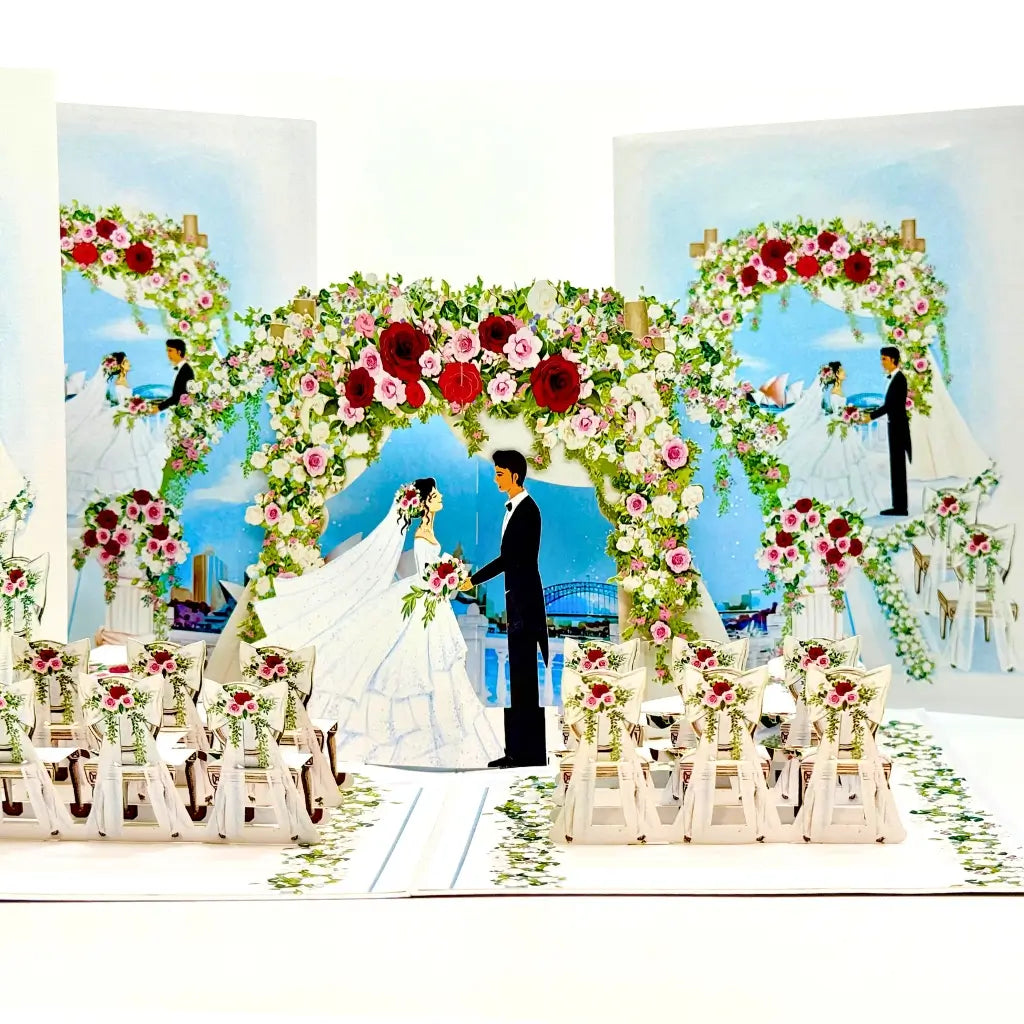 Bride and groom exchanging vows under rose arch 3D card