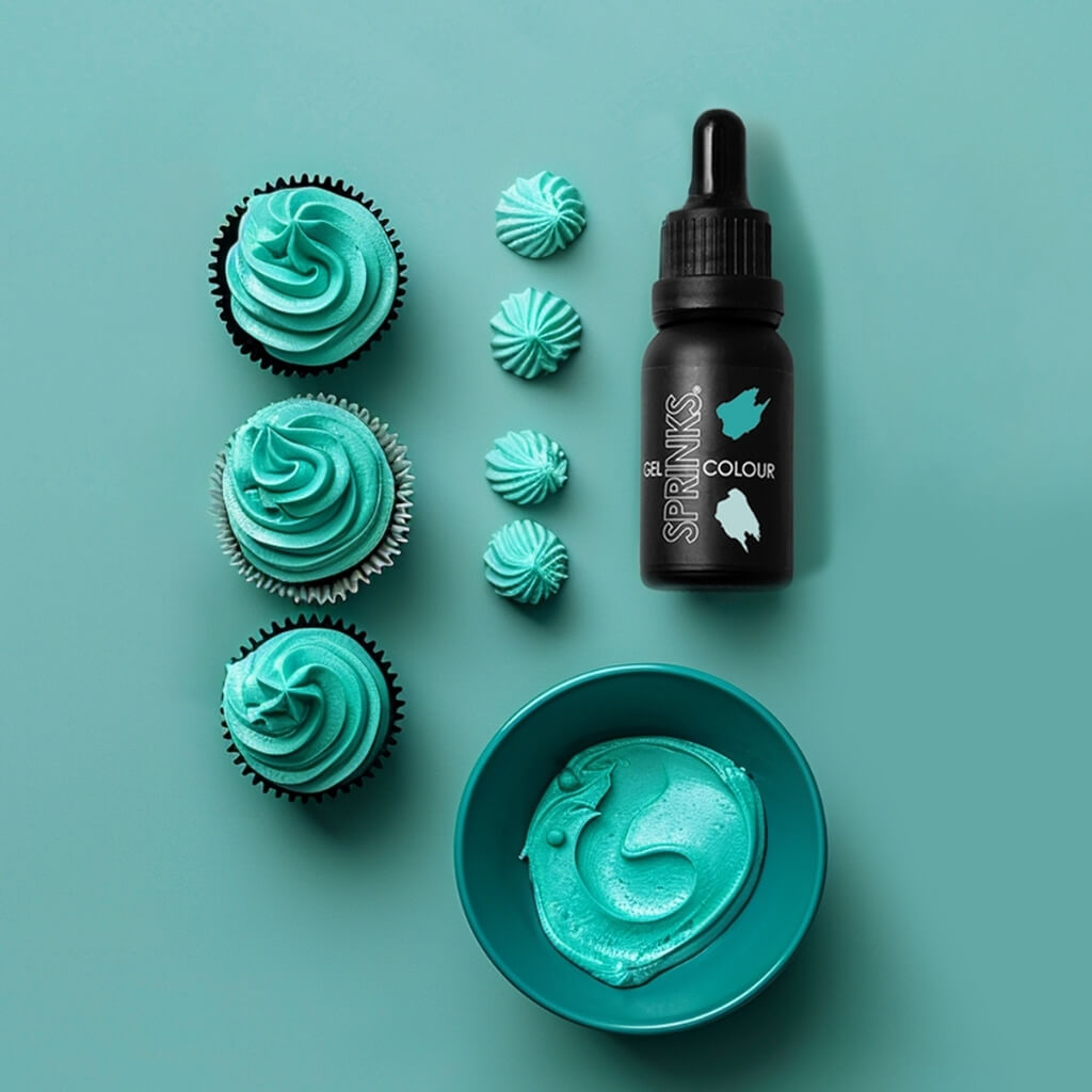 Vibrant teal food colouring gel bottle