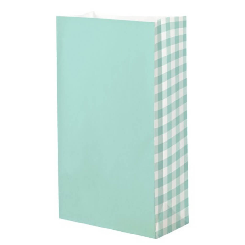 Teal gingham paper party loot bags 8 pack for party favours, treats and gifts.