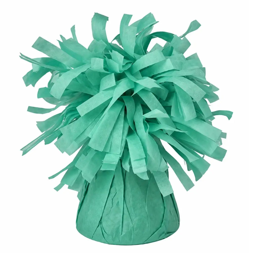 Teal paper balloon weight with a decorative fringed top