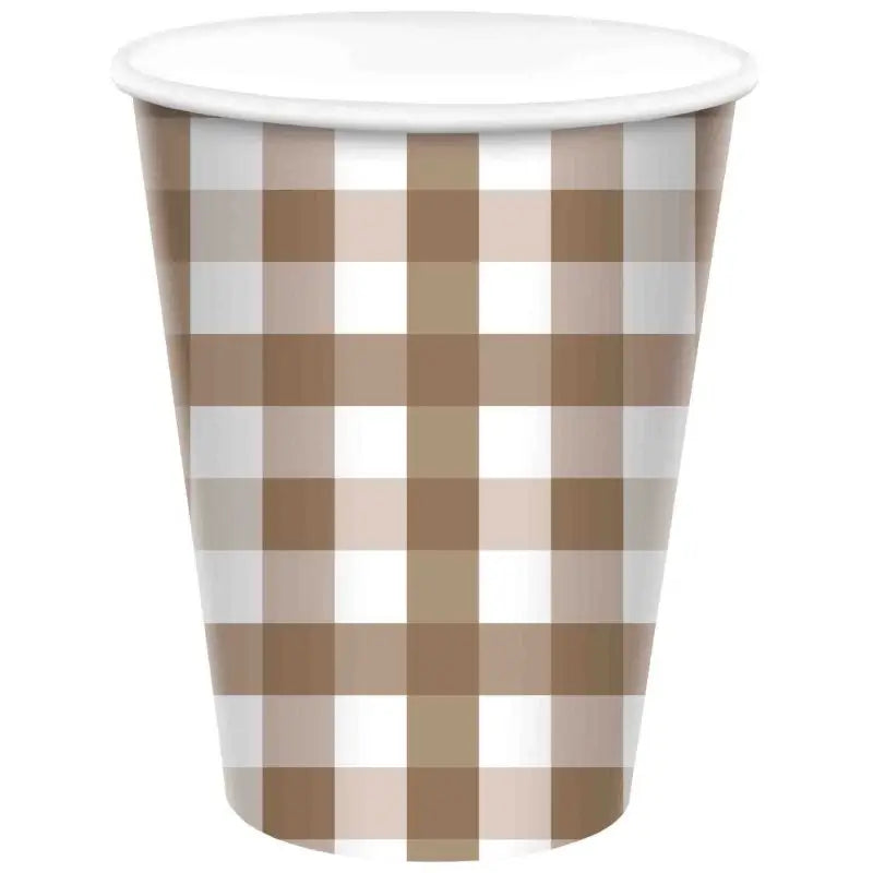 Teddy Brown Gingham Paper Cups 266ml 8pk