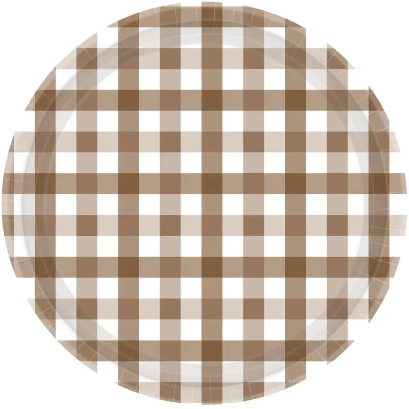 Teddy Brown Gingham Paper Plates 17cm 8pk