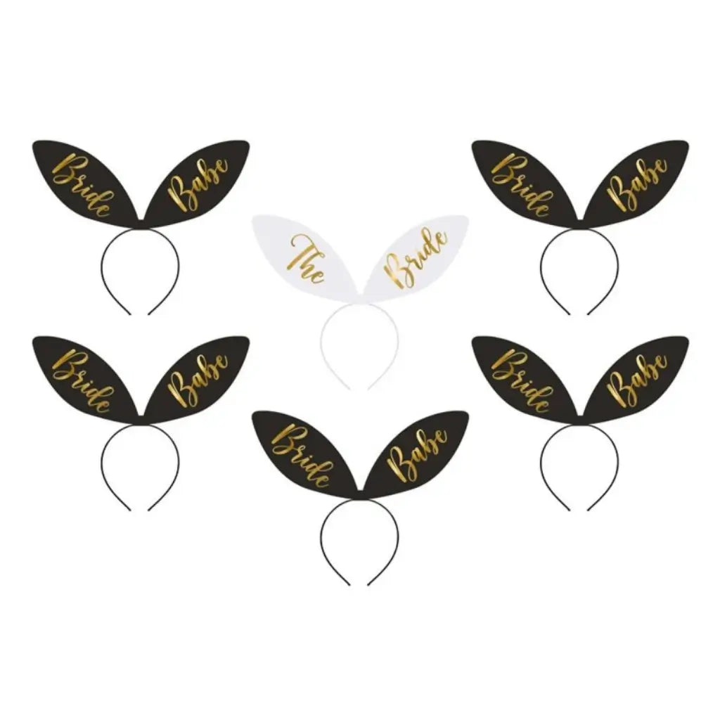 The Bride and Bride Babe bunny ear hen party headbands in a six-pack