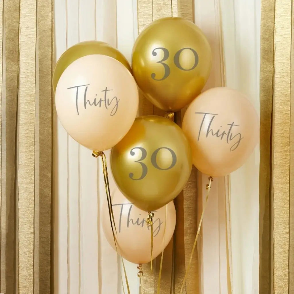  Gold and ivory 30th birthday latex balloons measuring 30cm