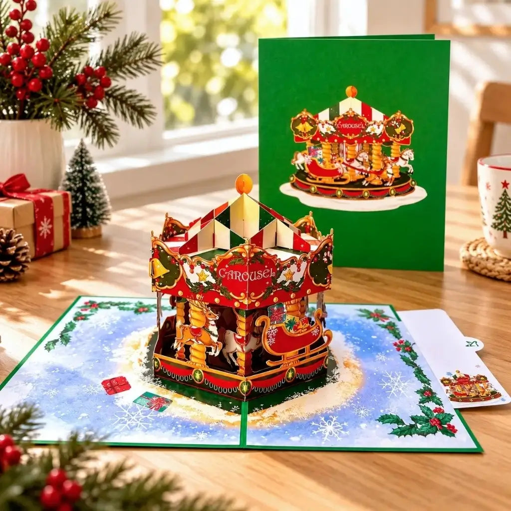 Three-dimensional Christmas carousel card displayed on a snowy base