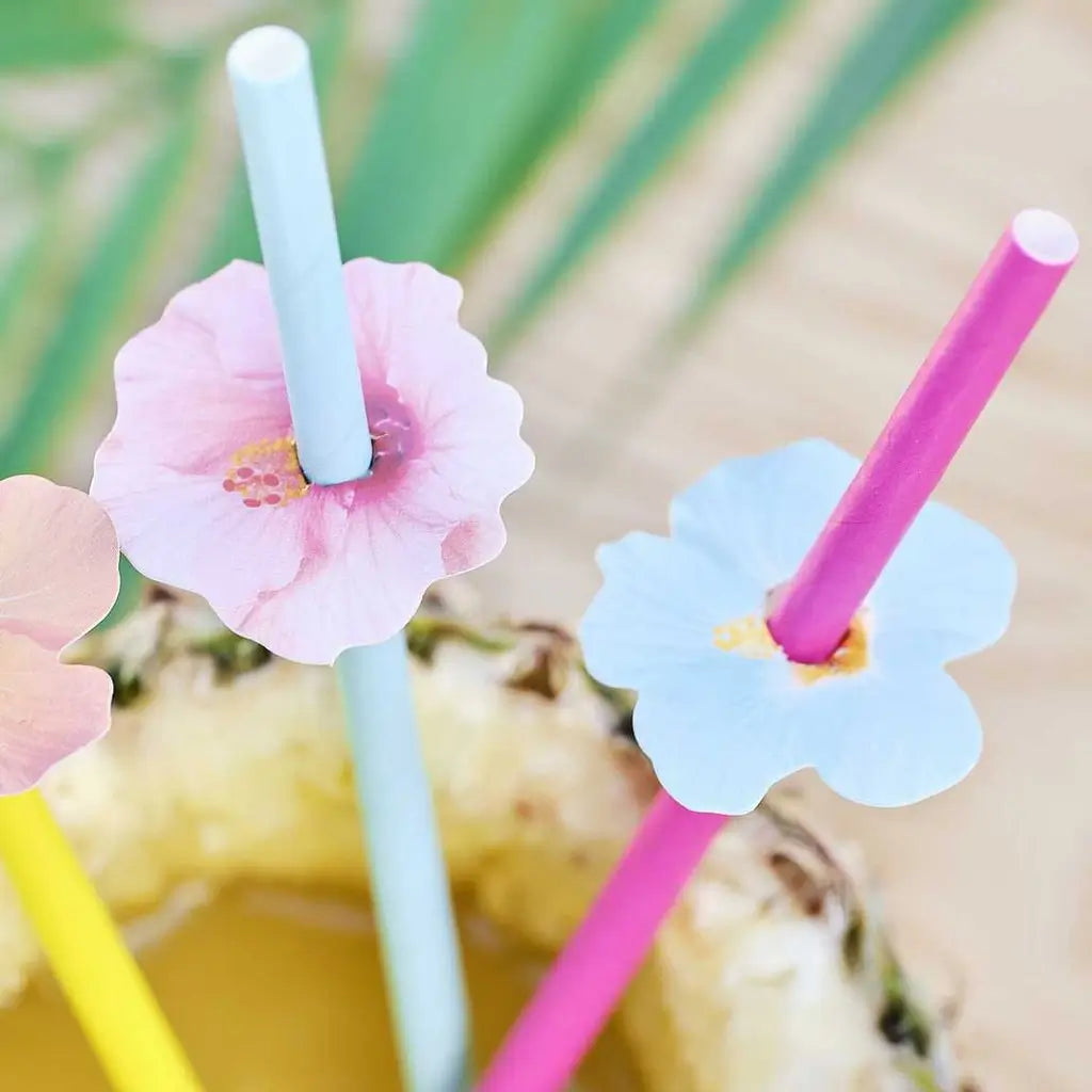 tiki tropics Hawaiian Paper Party Straws with Flower Toppers 16pk