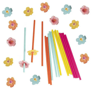 tiki tropics Hawaiian Paper Party Straws with Flower Toppers 16pk