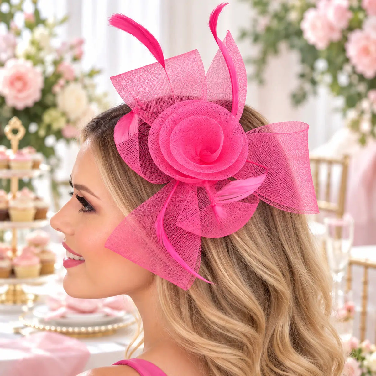 Tilly pink flower fascinator headband with mesh loops and feathers