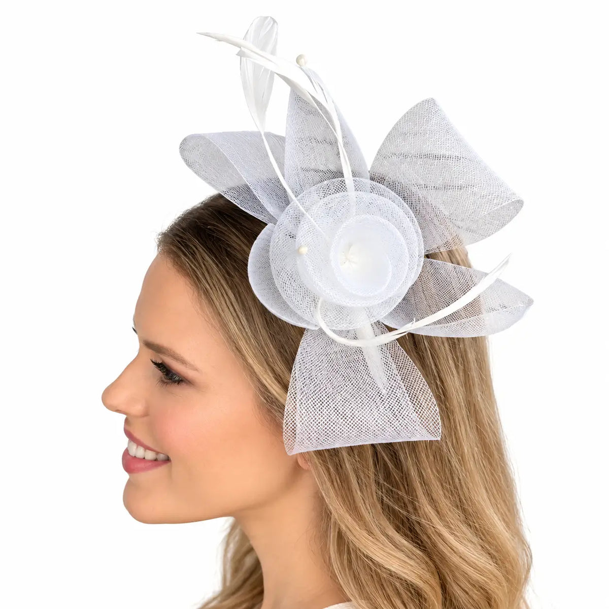 White mesh flower fascinator for race-day outfits