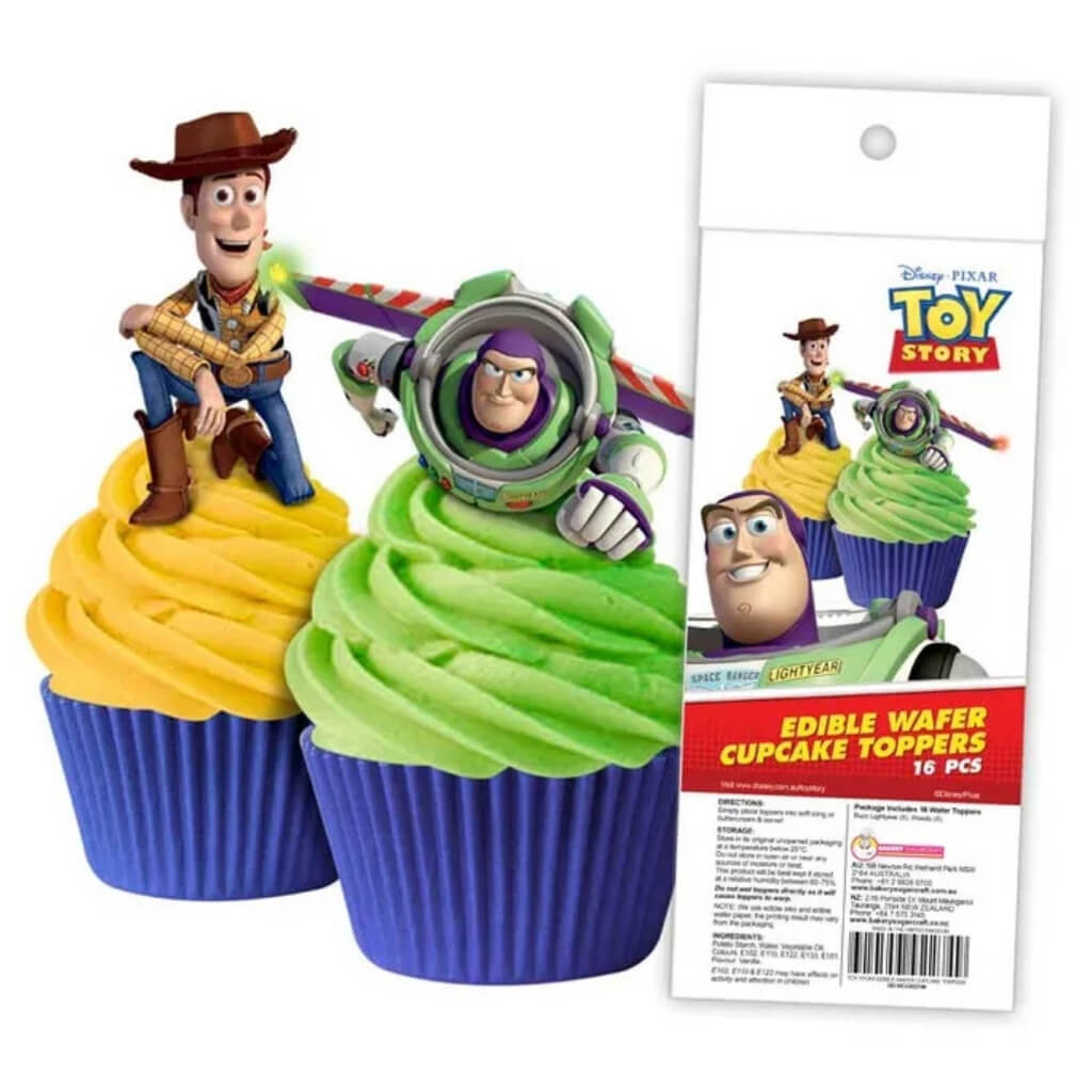Toy Story edible wafer cupcake toppers featuring Buzz Lightyear and Woody for decorating Disney Pixar birthday cupcakes, cakes and party desserts.