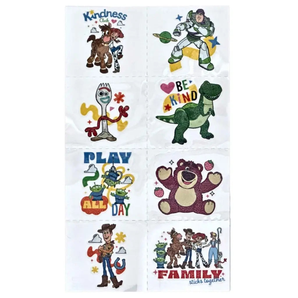 Toy Story temporary tattoos sheet with Buzz Lightyear Woody Rex Forky designs