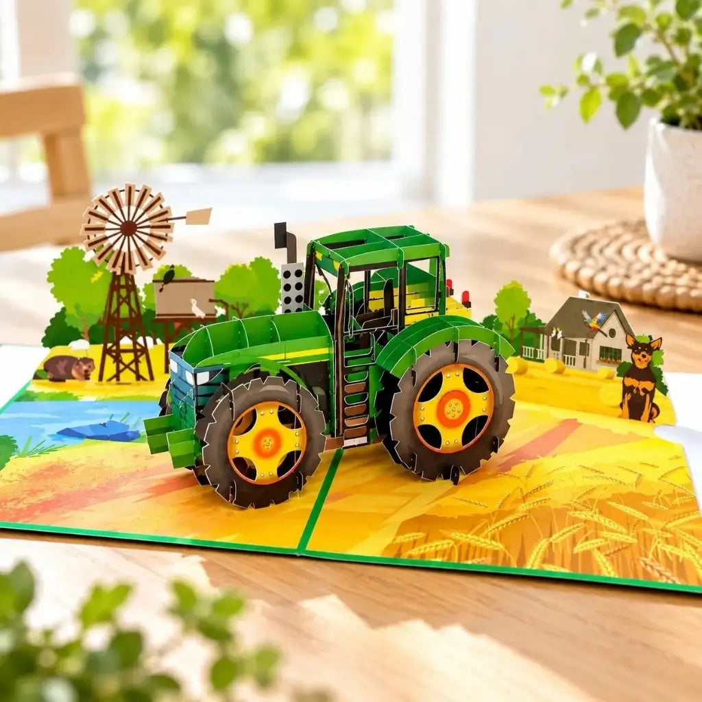 Green tractor greeting card with farm scenery and Australian animals