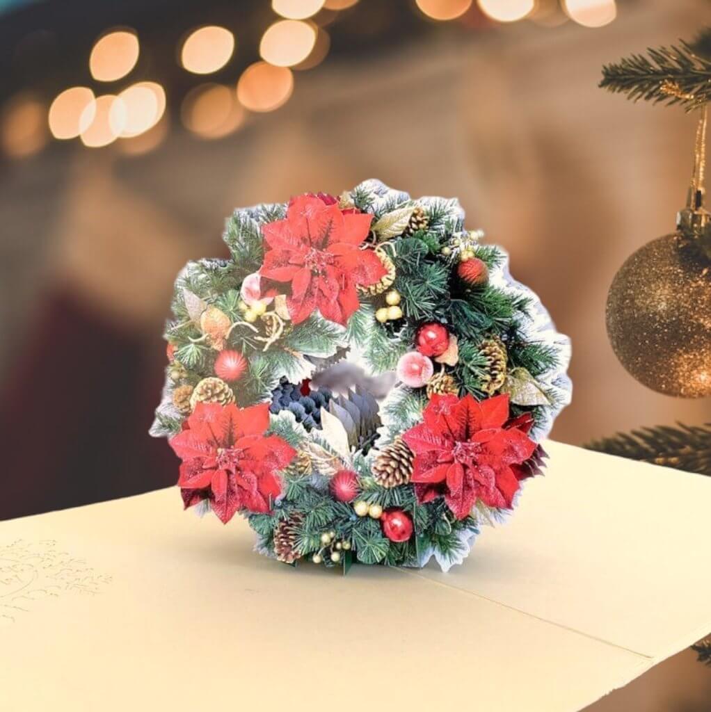 Traditional Christmas Red Poinsettia & Gold Pine Flower Wreath Pop Up Greeting Card - 3D Christmas Cards