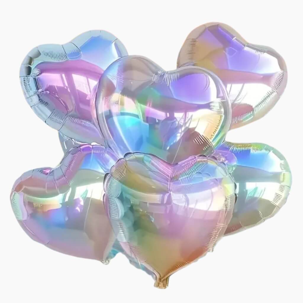 Iridescent heart-shaped balloons on a white background