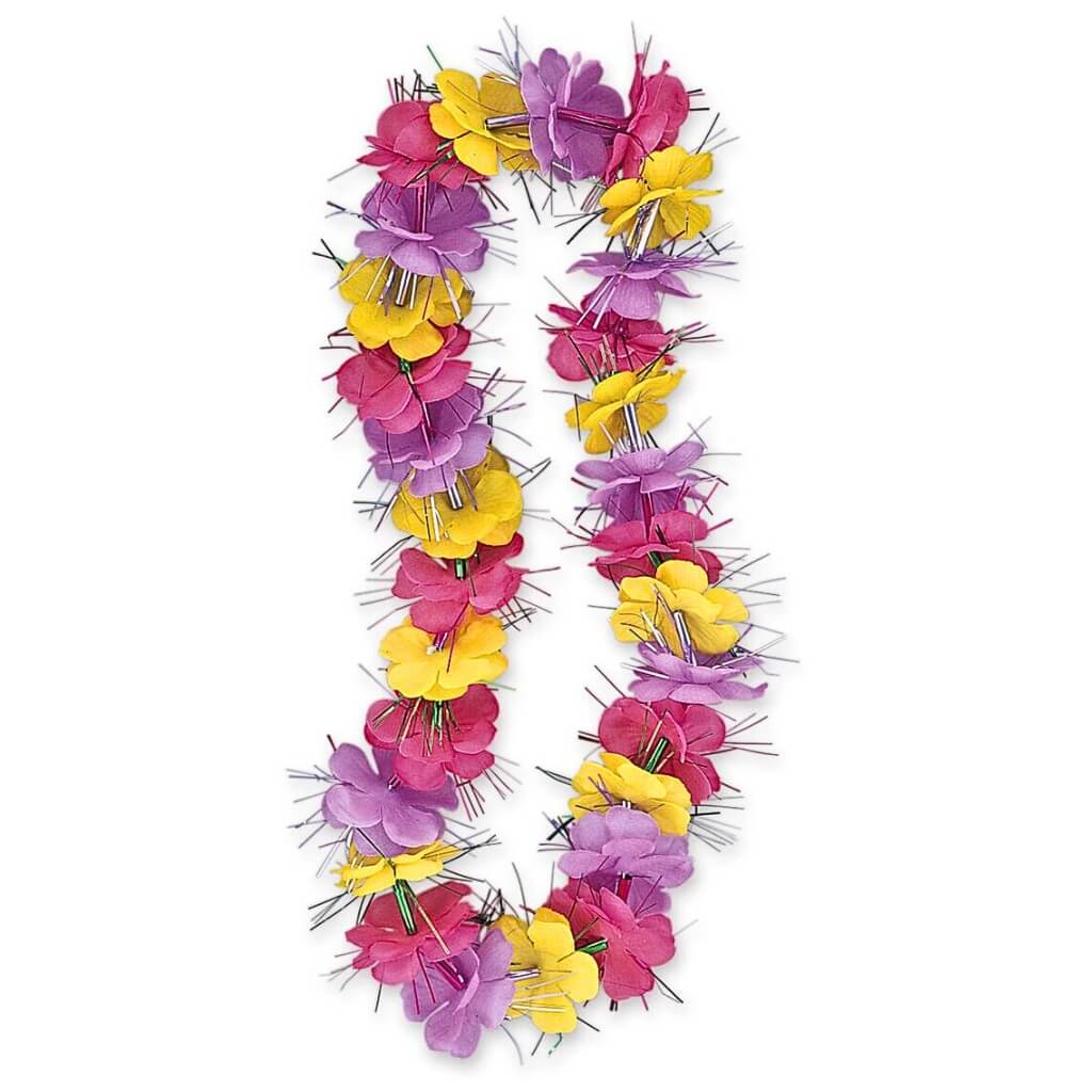 Tri colour Hawaiian dazzle lei with purple pink yellow flowers