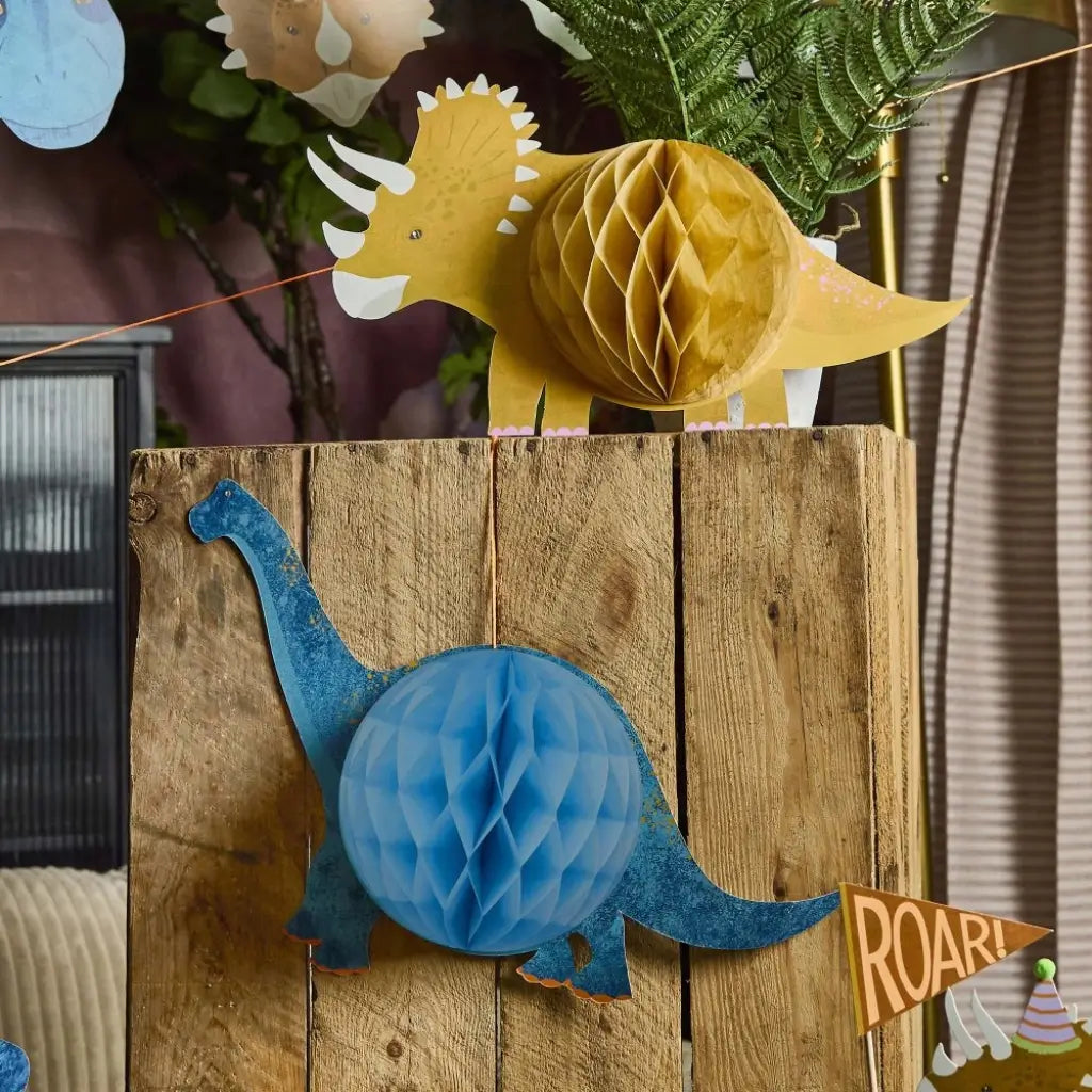 Dinosaur honeycomb party decorations with 3D tissue design