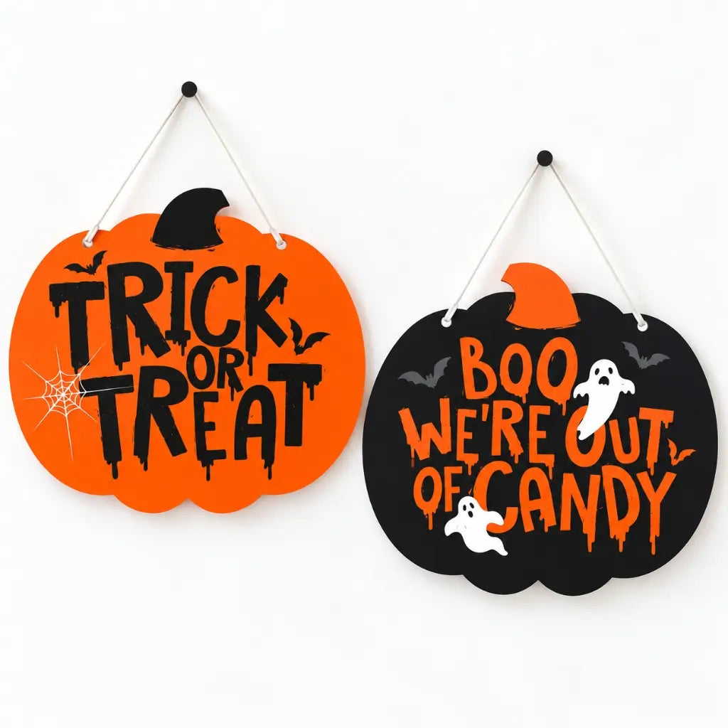 Reversible Halloween front door decoration with attached hanging string