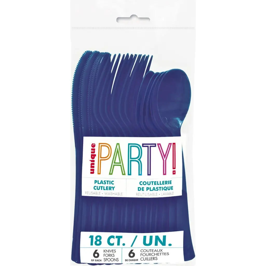  True navy blue reusable plastic cutlery set with six knives, six forks and six spoons