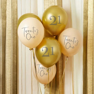  Metallic gold latex balloons printed with the number 21