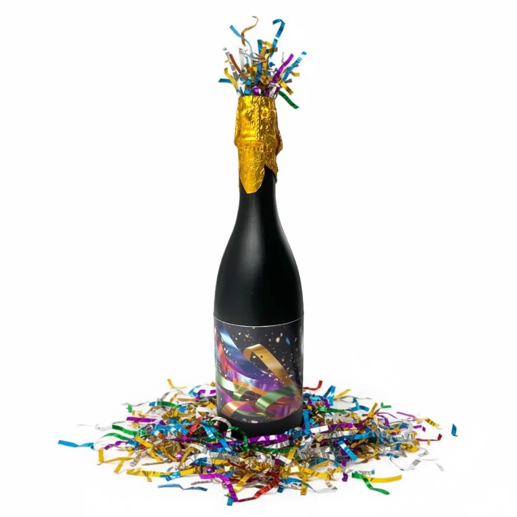 Champagne Bottle Party Popper with rainbow confetti explosion