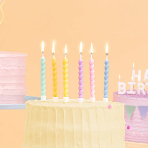 Twisted Curly Pastel Rainbow Candles with Picks 6pk birthday cake decorations