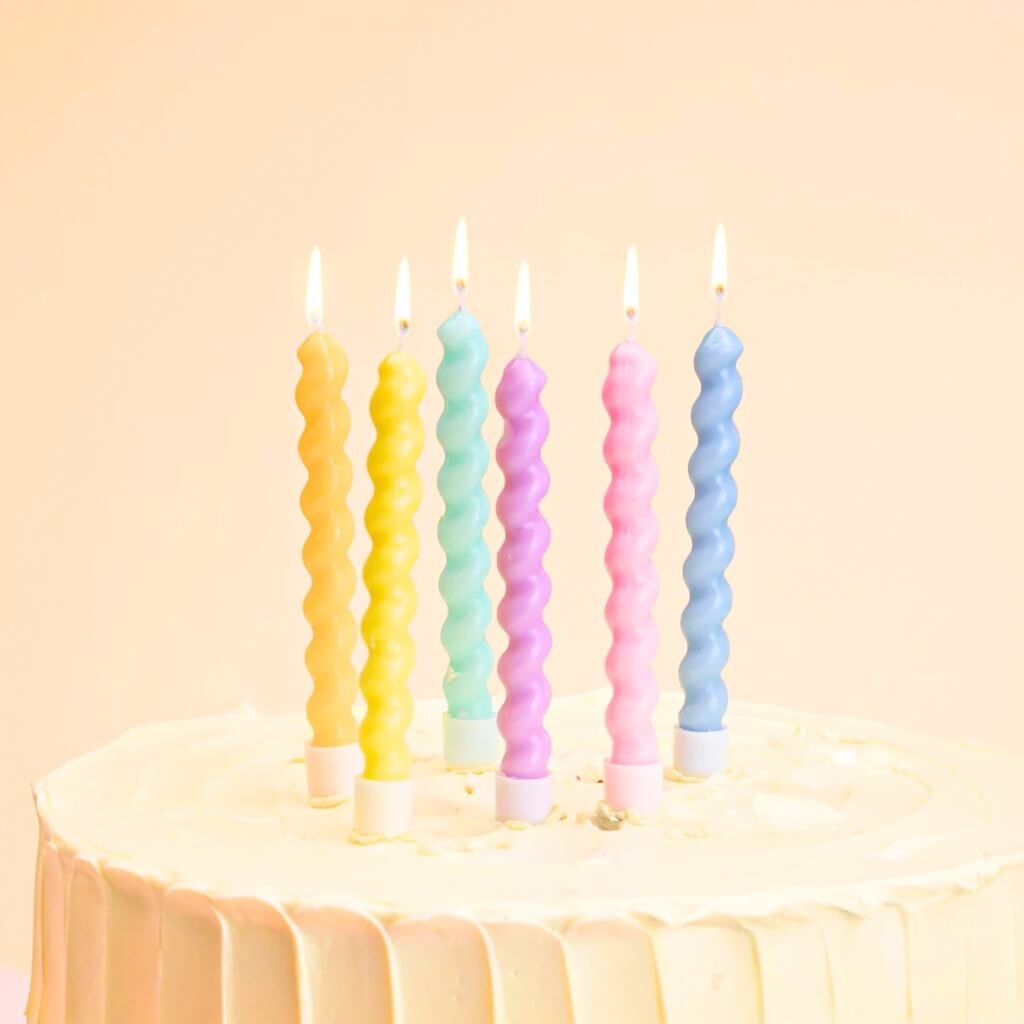 Twisted Curly Pastel Rainbow Candles with Picks 6pk birthday cake decorations