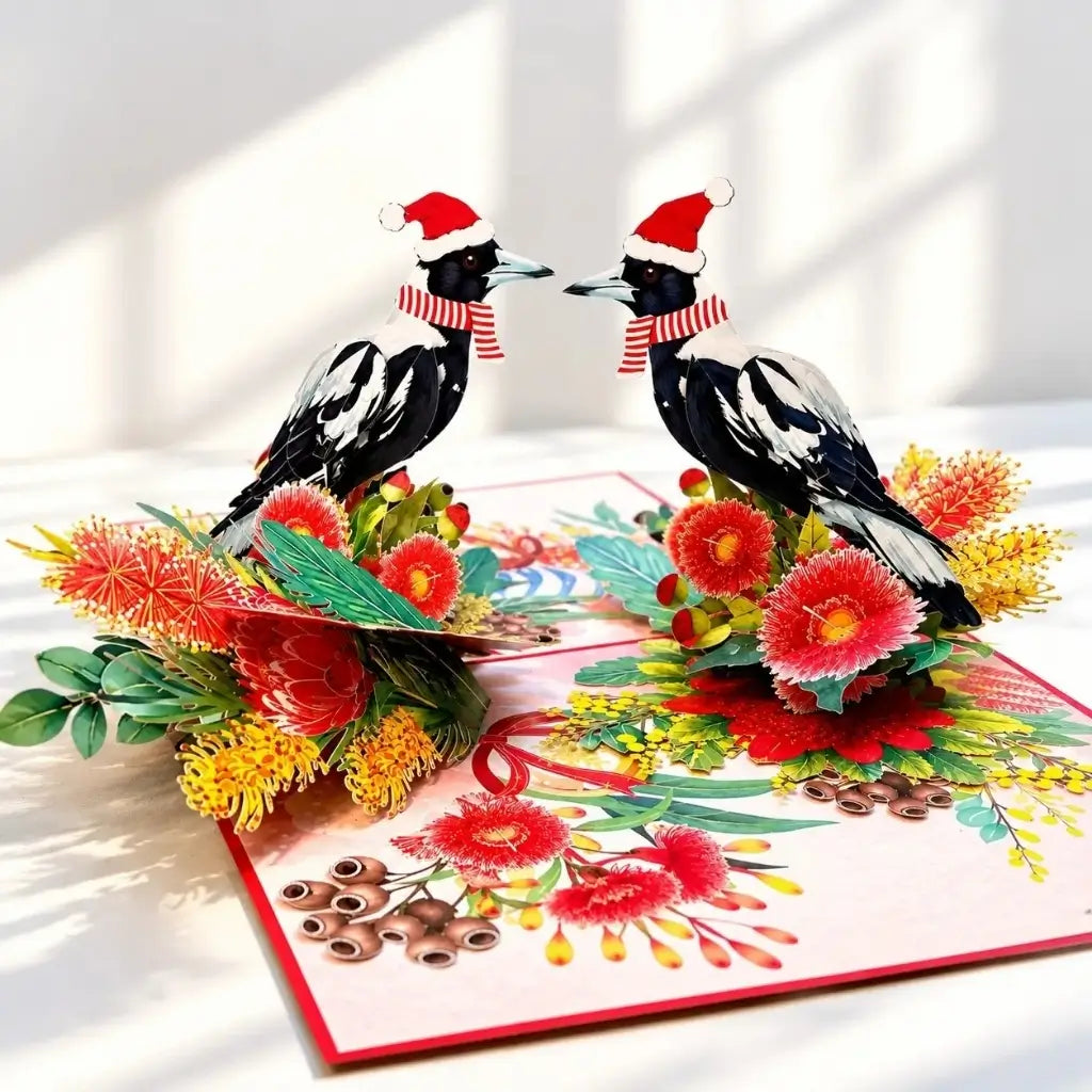 Australian magpie pop-up card with gum blossoms and bottlebrush flowers