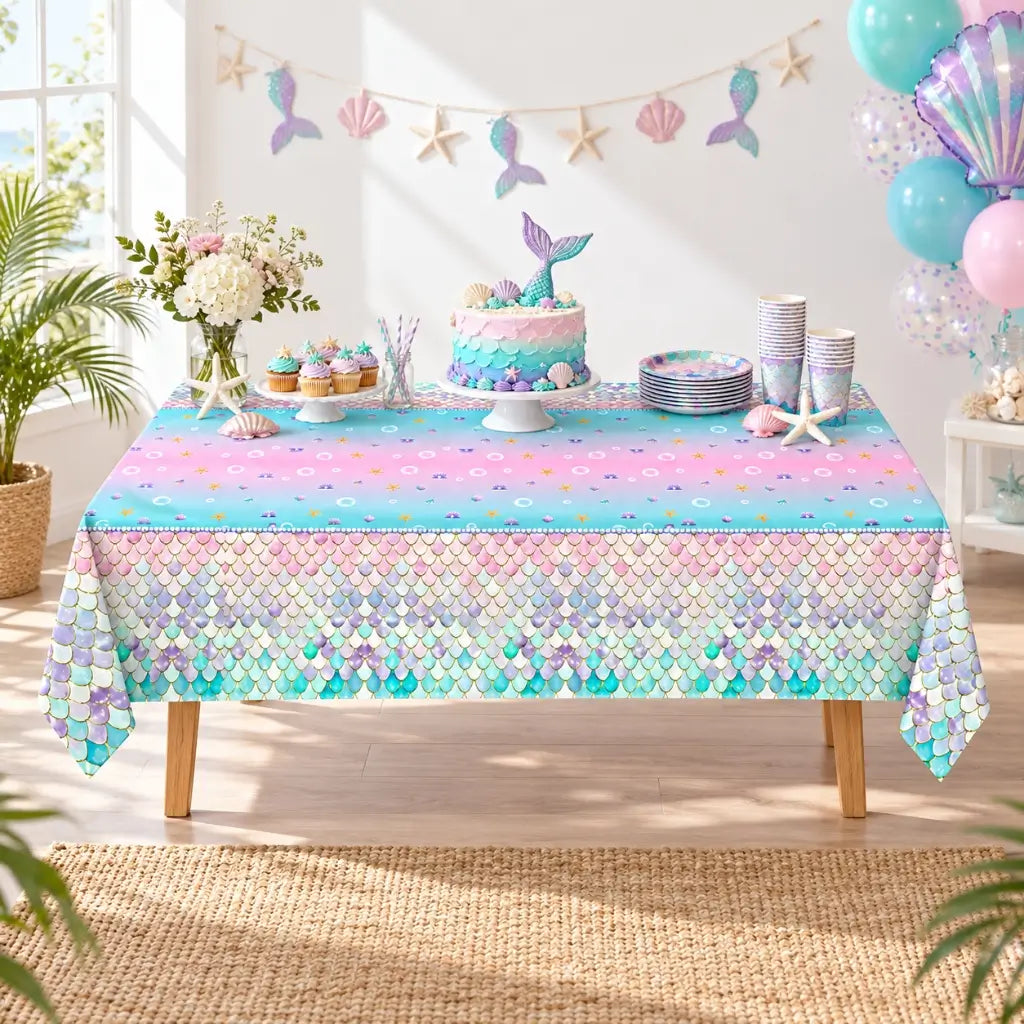 Pastel mermaid scales plastic tablecover with aqua pink and lilac details