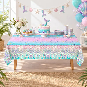 Rectangular mermaid party tablecloth measuring approximately 137cm by 274cm