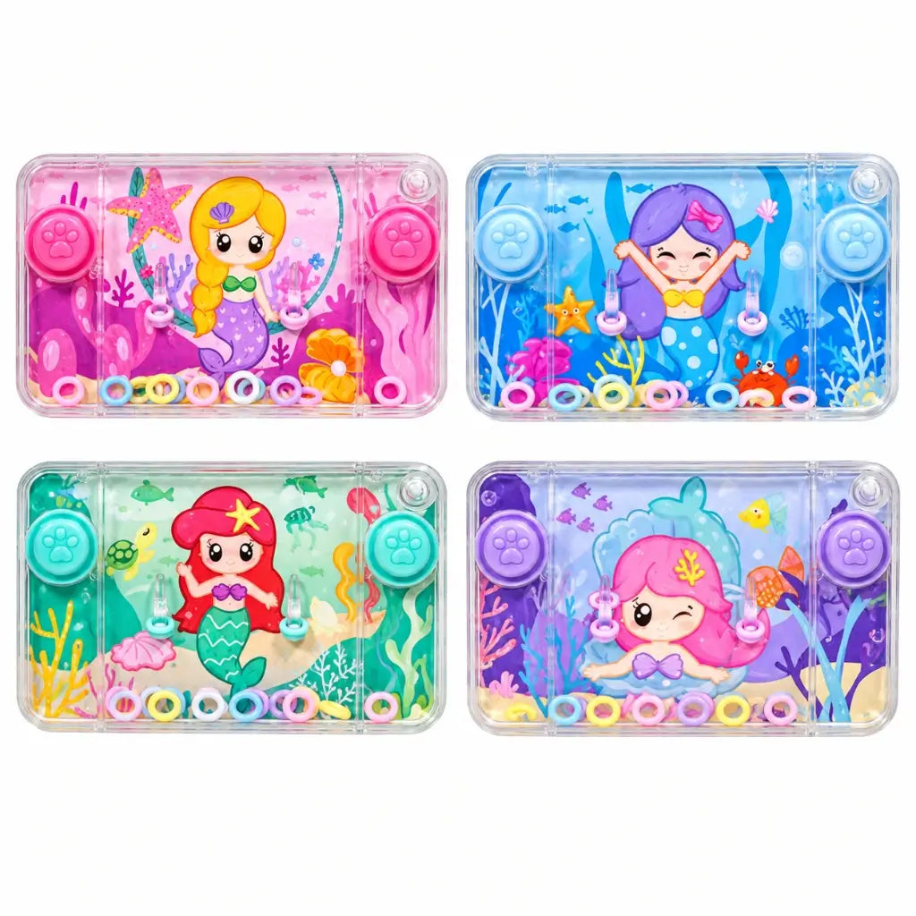 Compact mermaid ring-toss water game with two push buttons