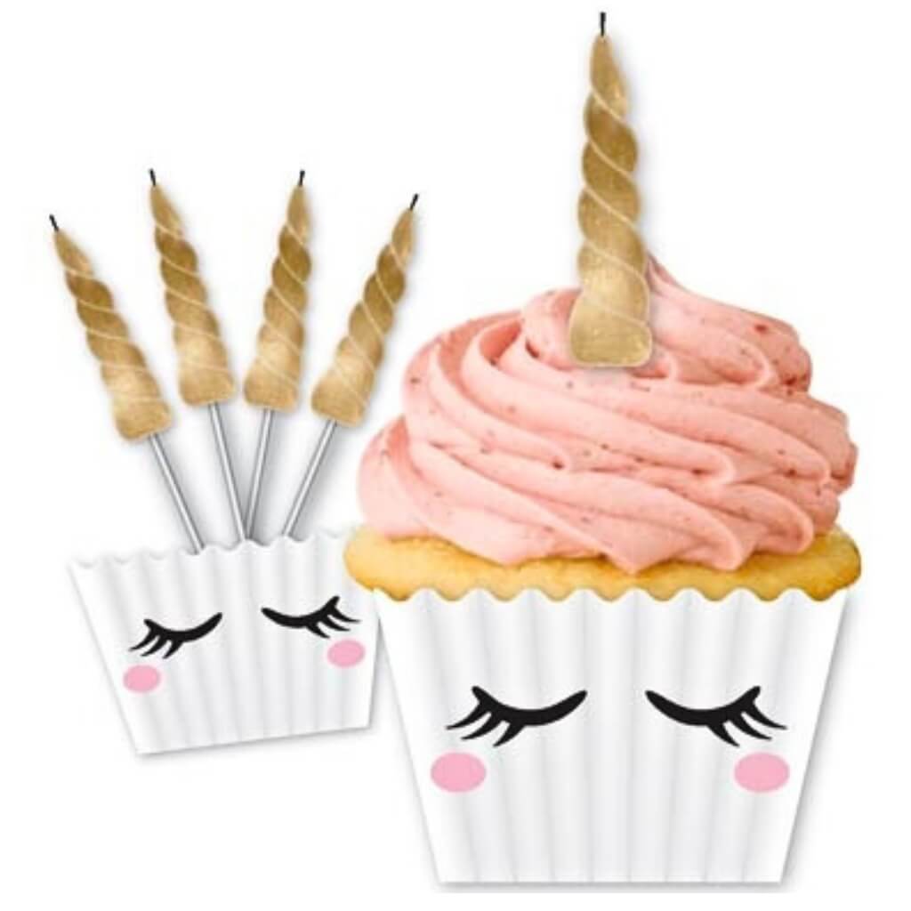 Unicorn horn gold candles and cupcake cases kit