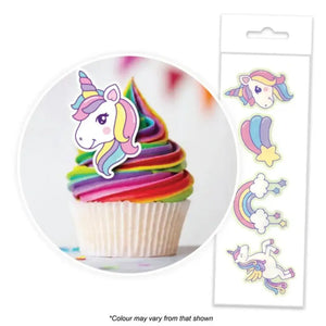 Unicorn edible wafer cupcake toppers featuring pastel unicorns, rainbows, stars and magical fantasy designs for decorating birthday cupcakes, cakes and party desserts, 16-piece pack.