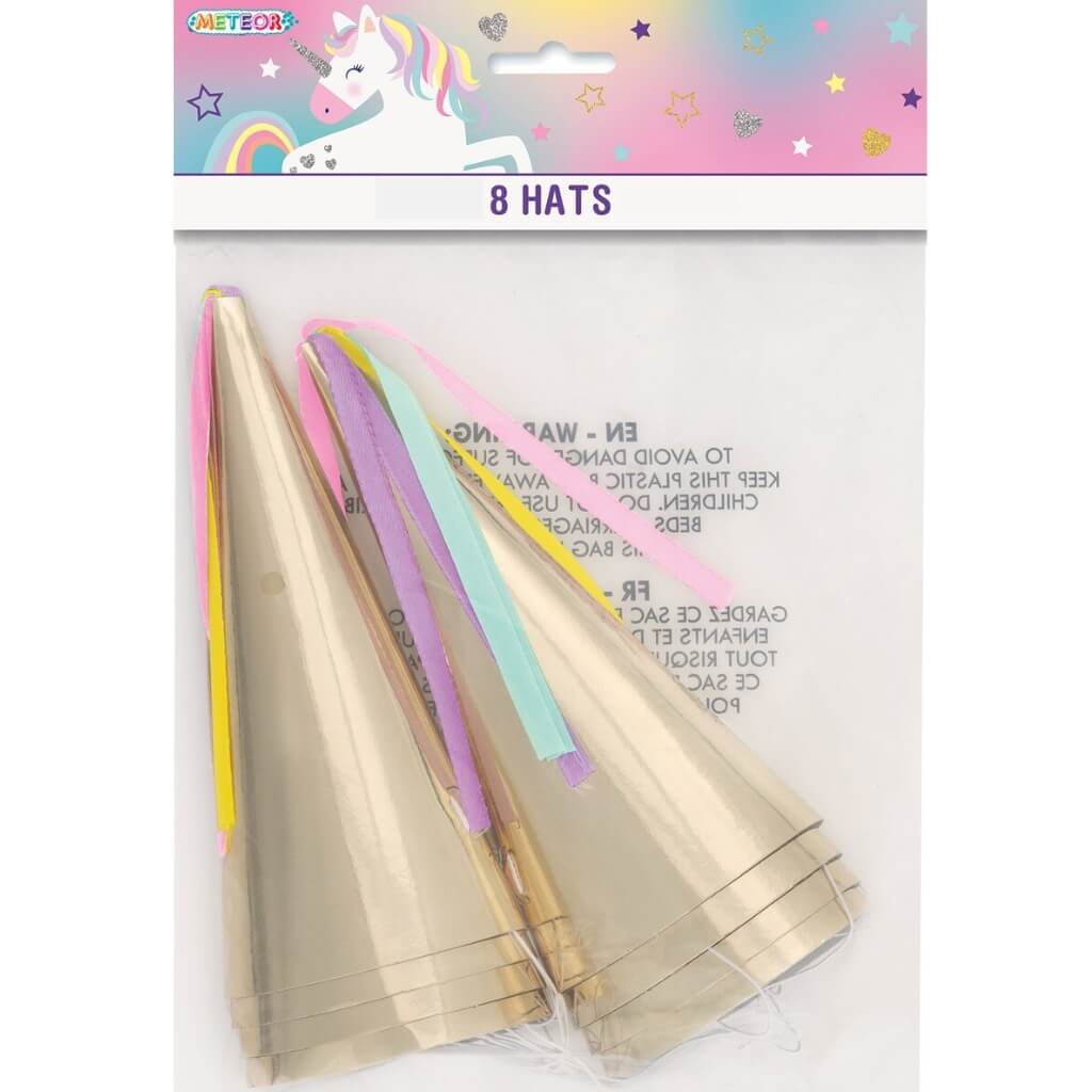 Pack of 8 Gold Unicorn Party Hats with Pastel Tassels childrens birthday party costumes accessories