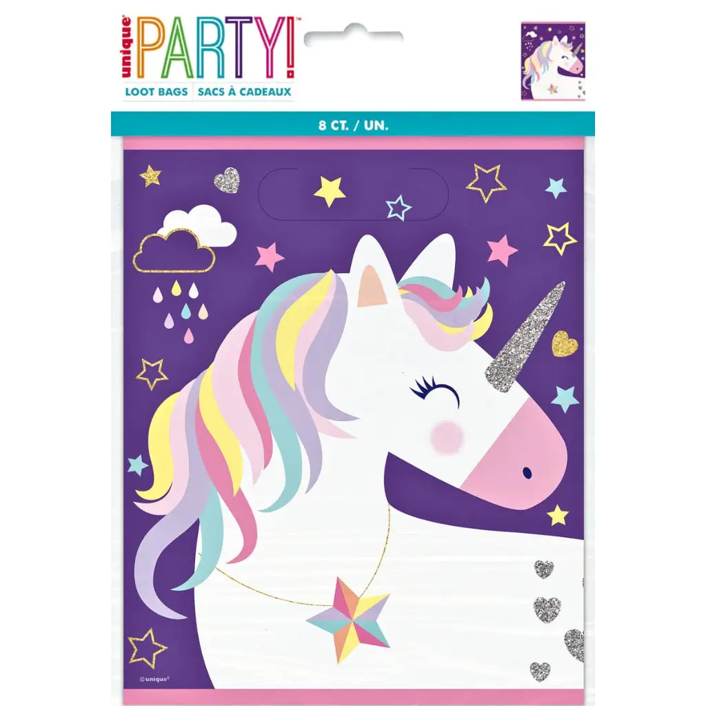 Purple unicorn party loot bags with rainbow mane