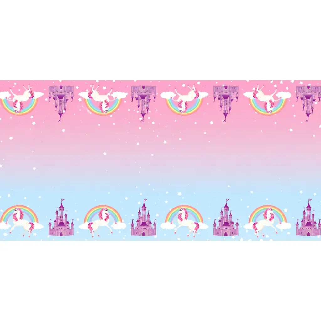 Unicorn and rainbow paper table runner with pastel castle artwork