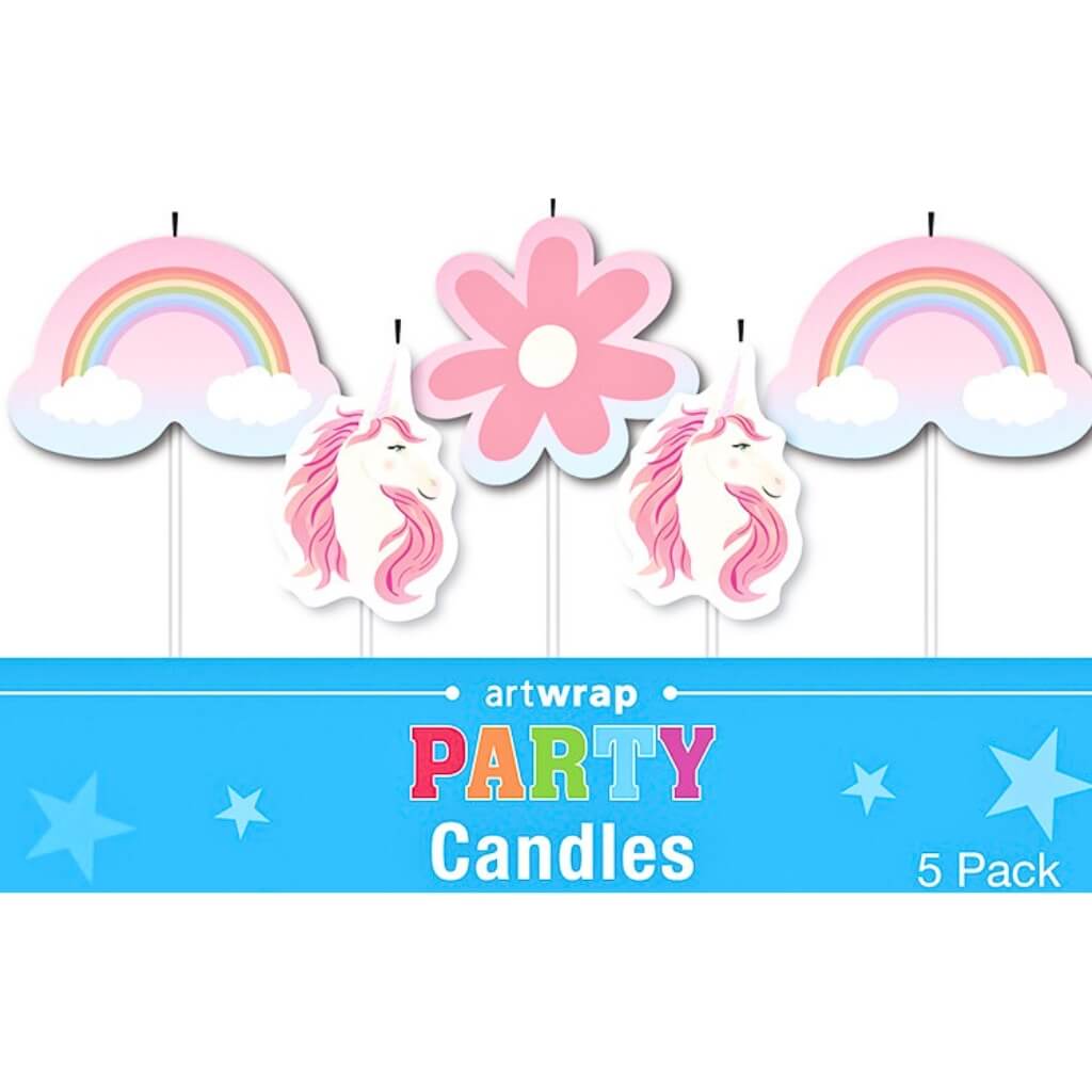 Unicorn and rainbow pick candles set 5 pack