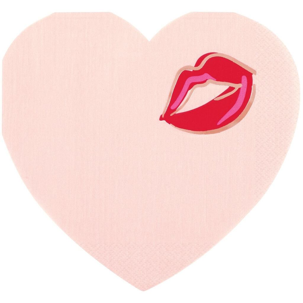 Valentine’s Day pink heart shaped paper napkins with red lips for romantic table settings