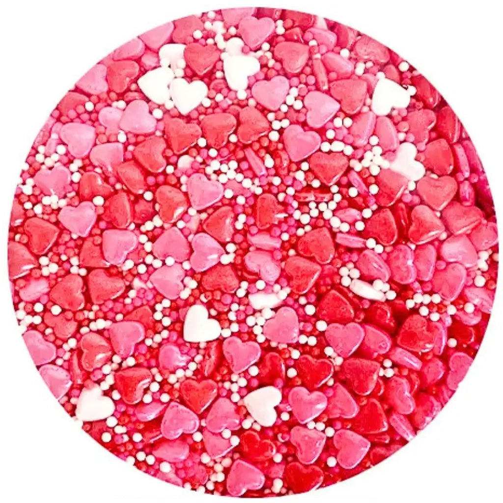 Red and pink hearts with small nonpareil balls edible sprinkles