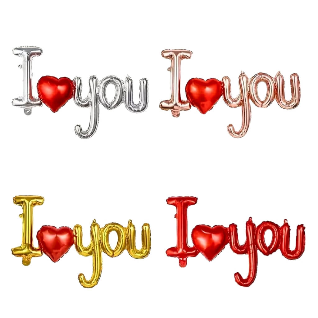 Wedding anniversary I Love You foil balloon silver rose gold gold red with red heart