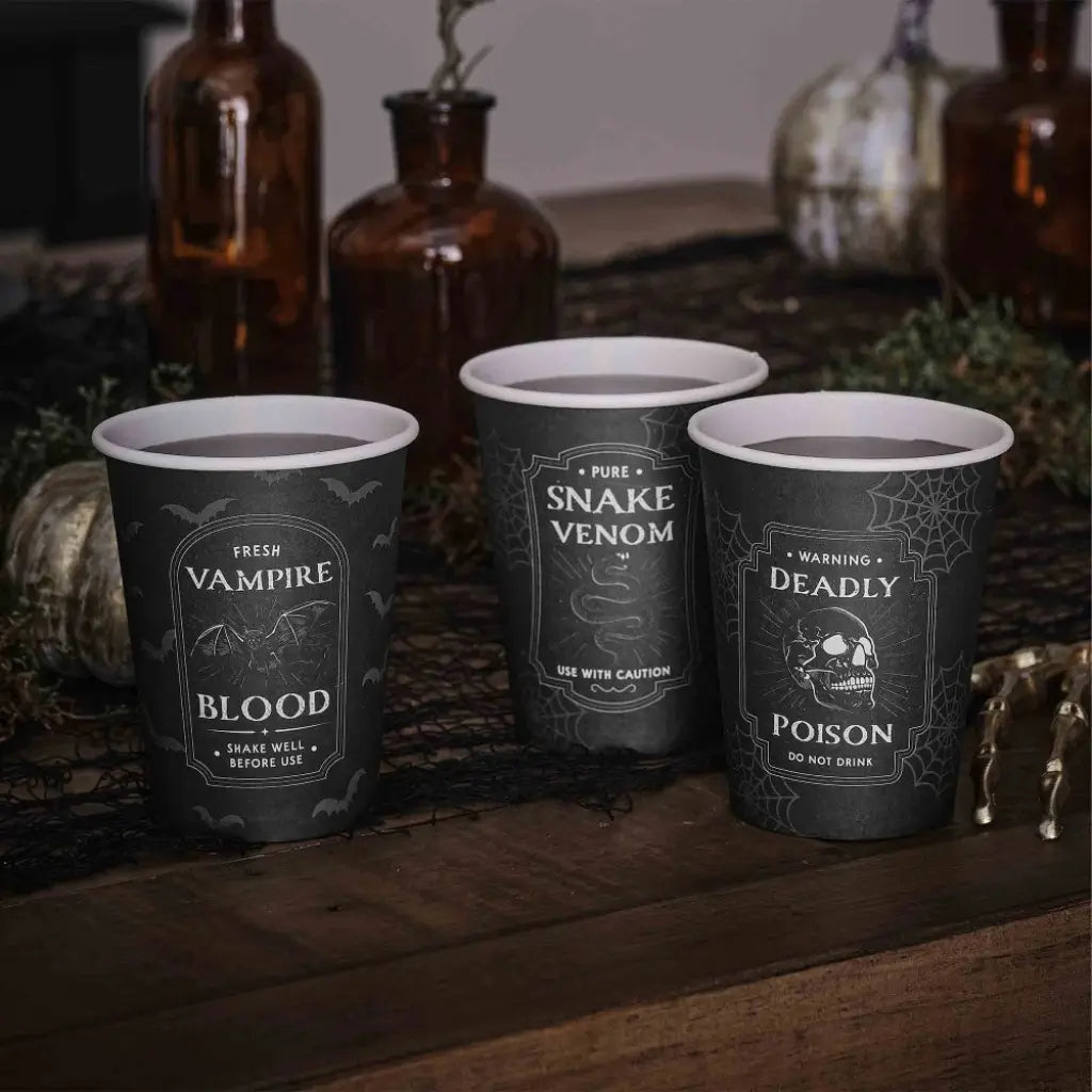Deadly Soiree black potion label Halloween paper cups in three designs