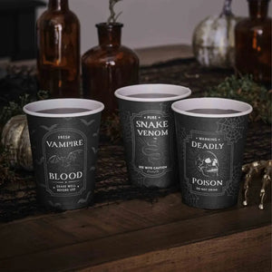 Deadly Soiree black potion label Halloween paper cups in three designs