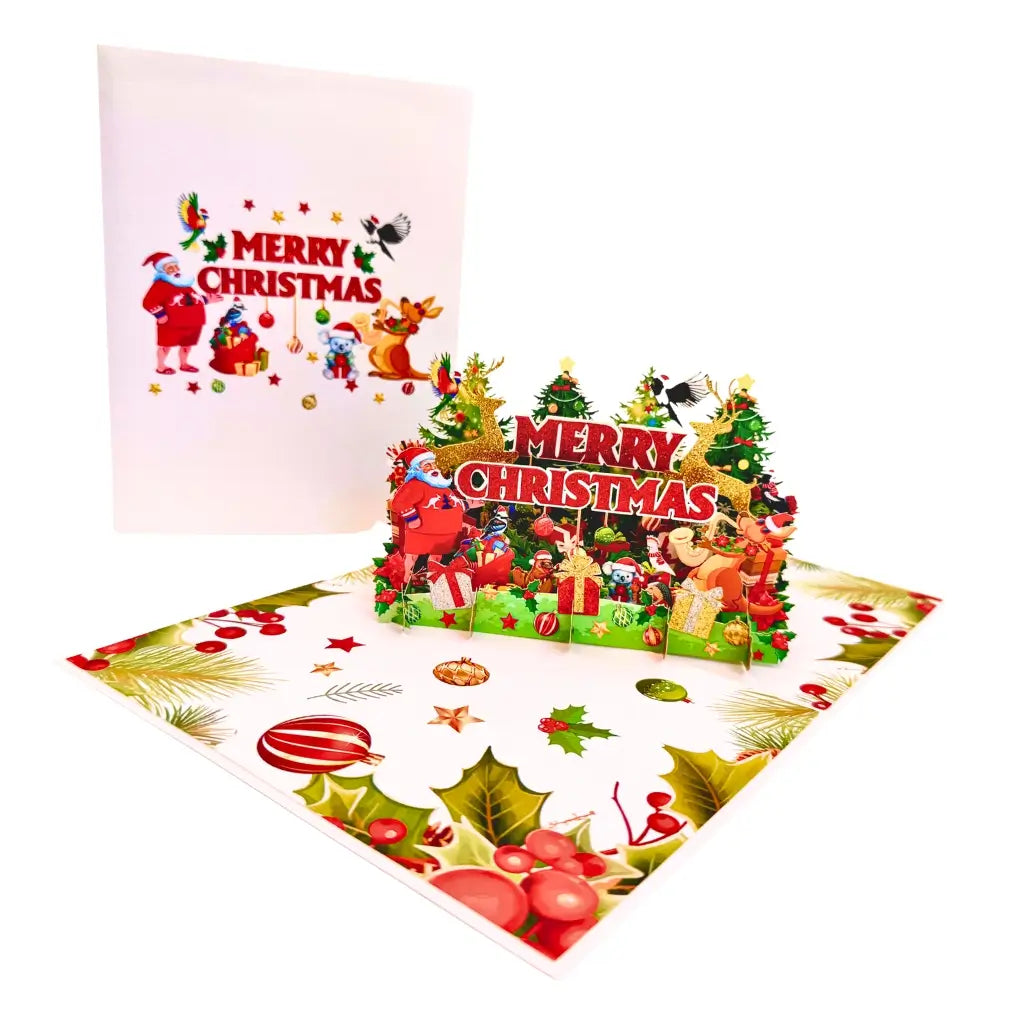 Vibrant Merry Christmas Santa Claus Flying with His Reindeers 3D Pop-Up Greeting Card