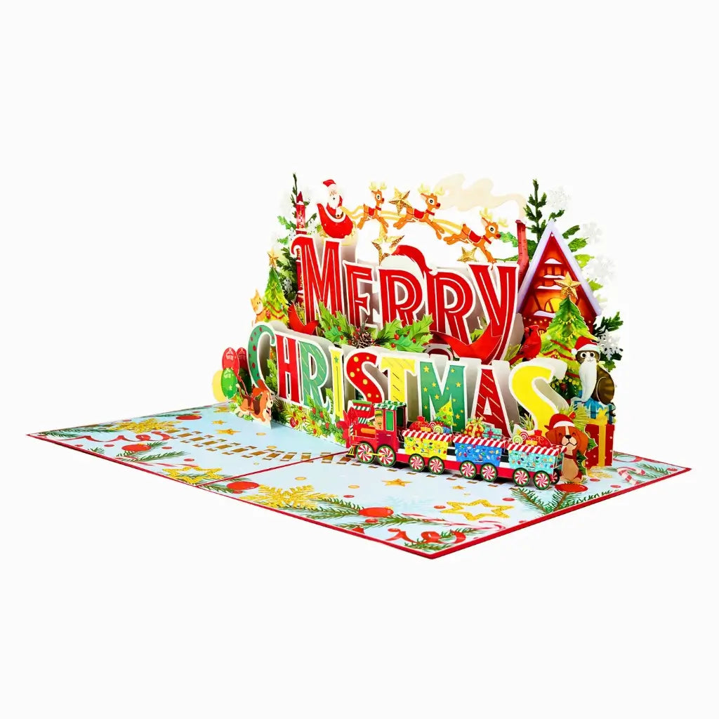 Vibrant Merry Christmas Santa Claus Flying with His Reindeers 3D Pop-Up Greeting Card